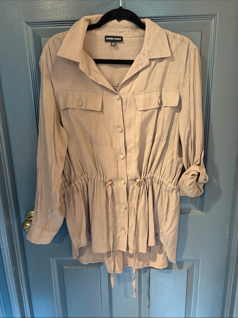 Modern Works Beige Button-Front Drawstring Peplum Shirt